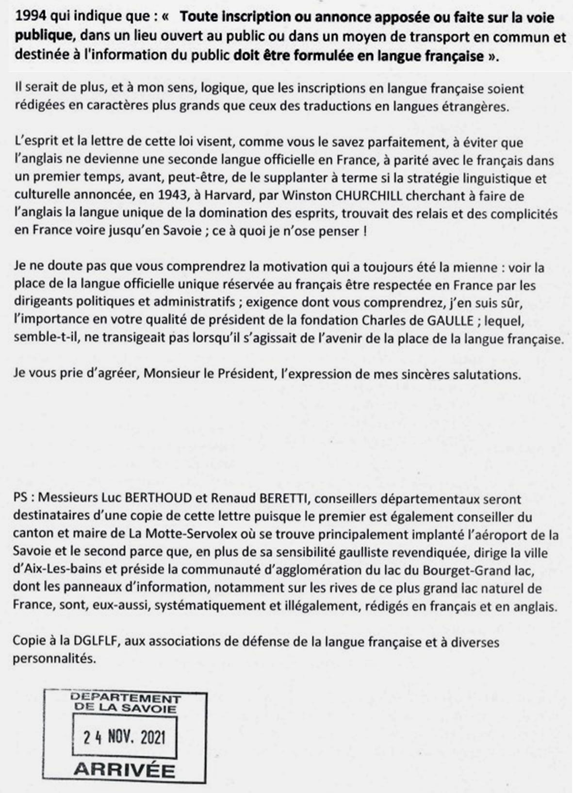 Lettre au sujet de la langue française et de l'anglais, lettre de Marcel Girardin à Hervé Gaymard, président du département de Savoie