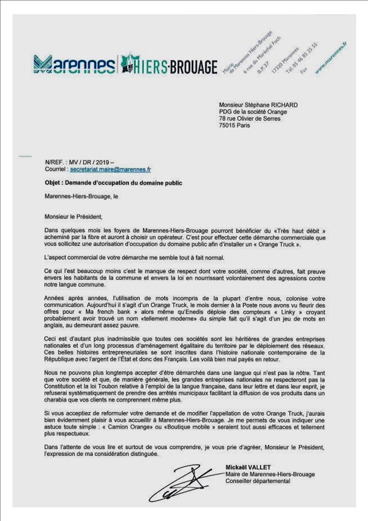 Lettre de Mickaël Vallet à Stephane Richard contre l'anglomanie d'Orange-Truck