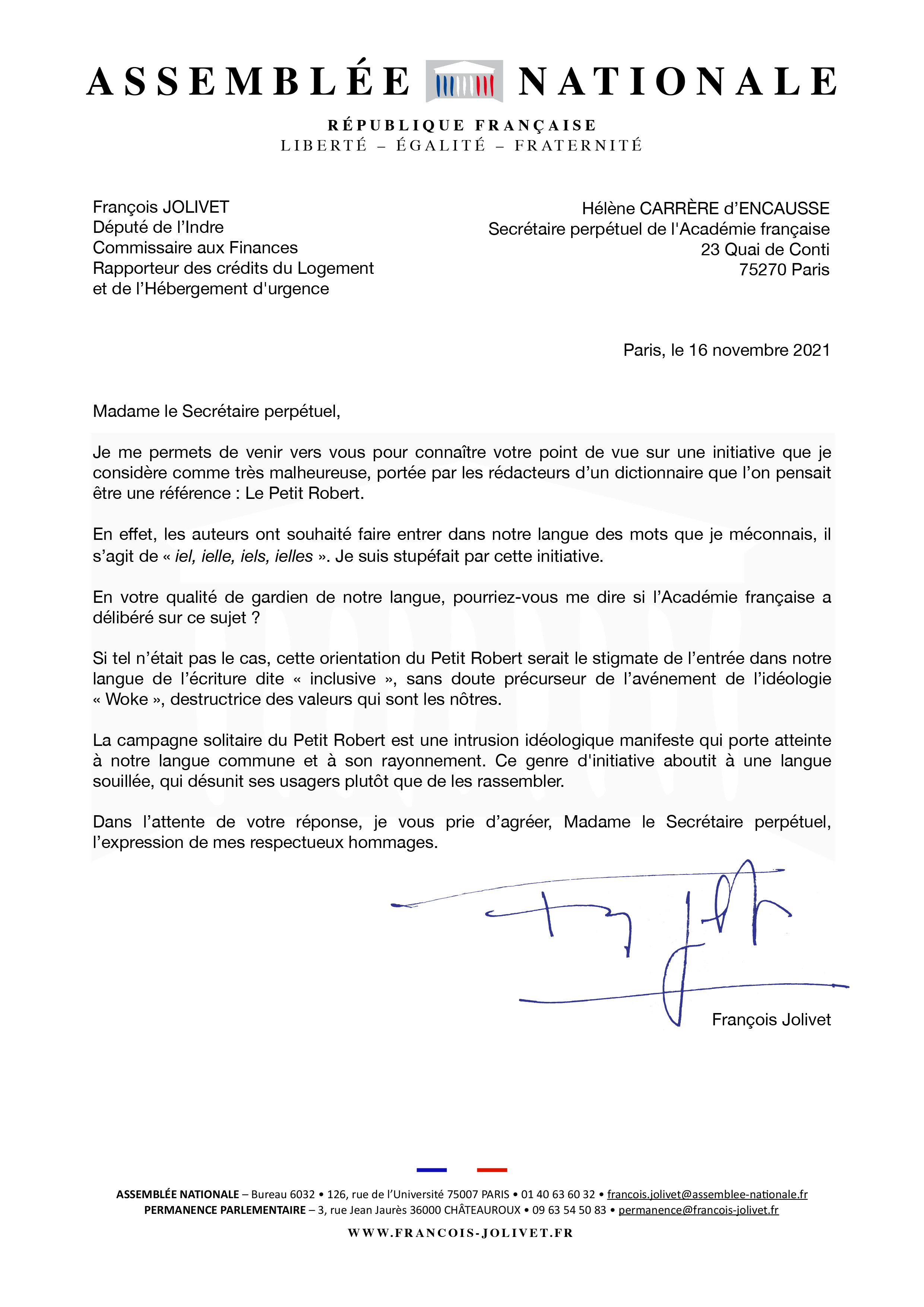 Lettre du député François Jolivet contre le iel du Petit Robert