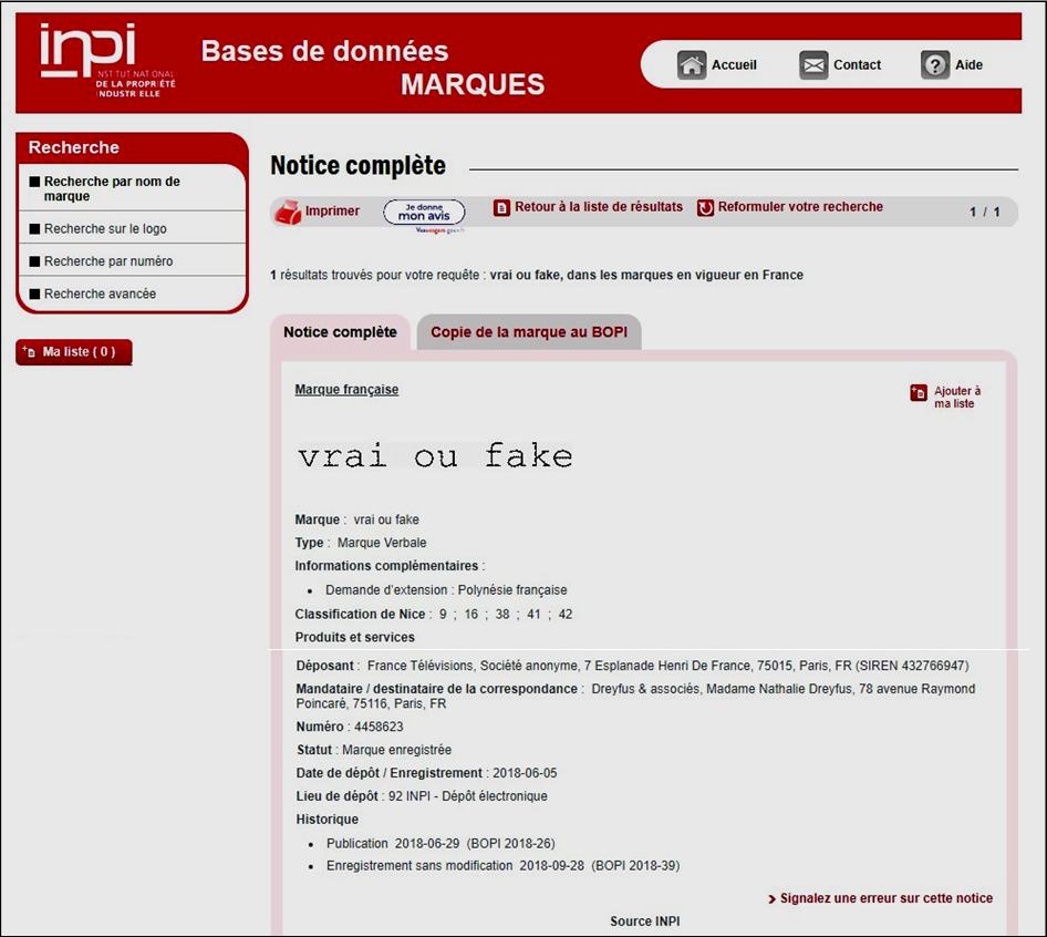 Marque, Vrai ou fake, déposée à l'INPI par France Télévisions