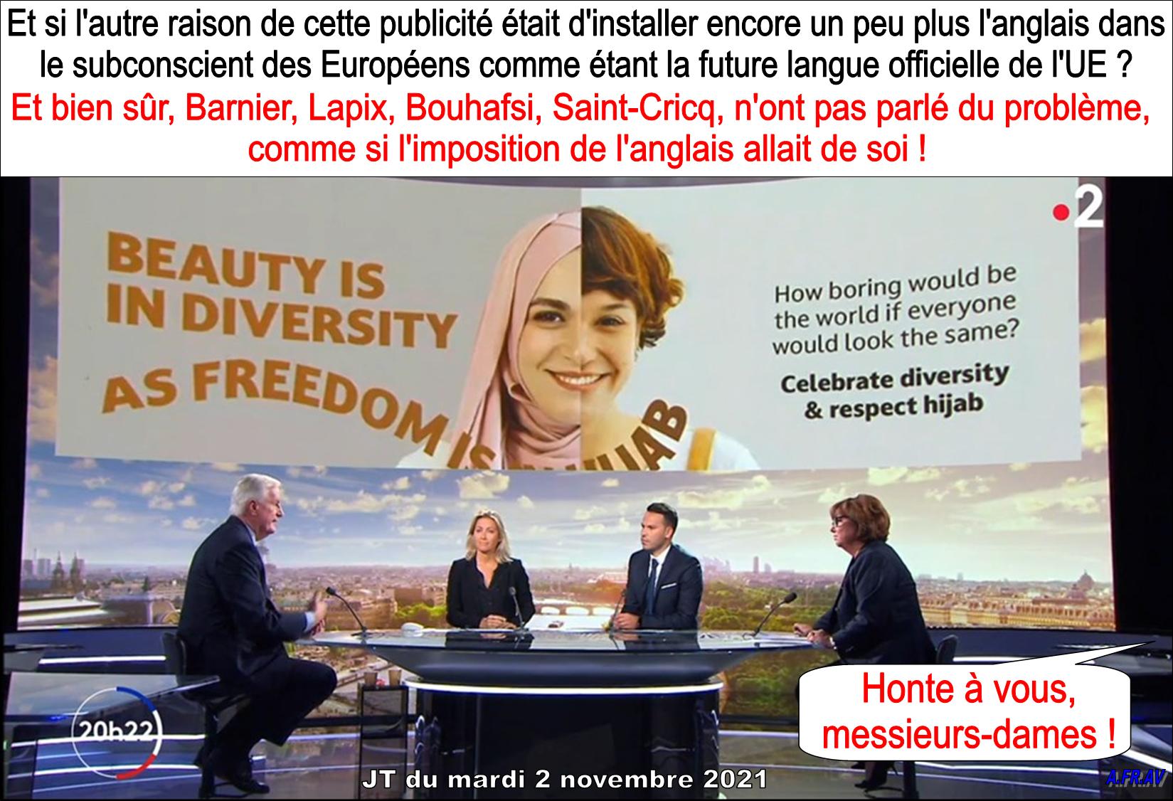 Michel Barnier, Anne-Sophie Lapix, Nathalie Saint-Cricq, Mohamed Bouhafsi et le hidjad du Conseil de l'Europe au JT de 20h de France 2