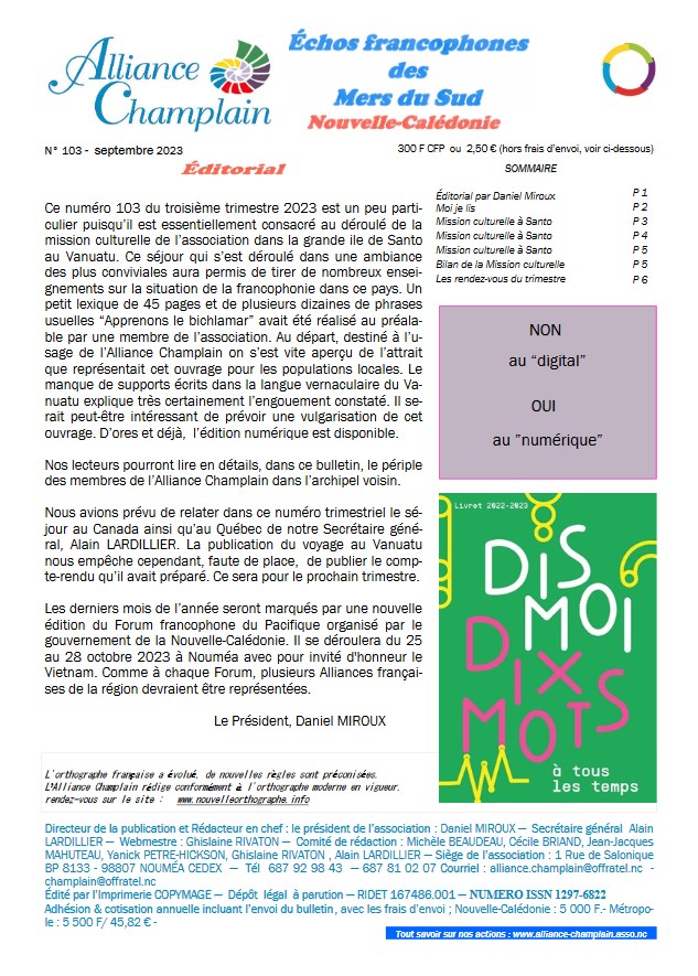 Nouvelle-Calédonie, Echos francophones des Mers du_ Sud, Alliance Champlain, septembre 2023