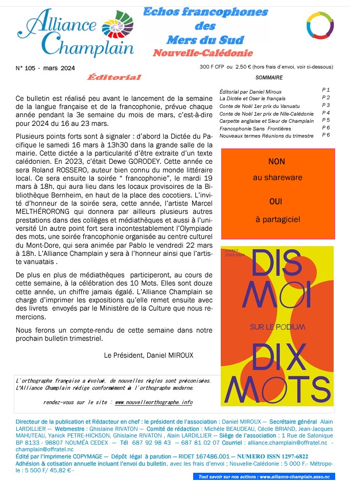 Nouvelle-Cal�donie, Echos francophones des Mers du Sud, Alliance Champlain, num�ro 105 mars 2024