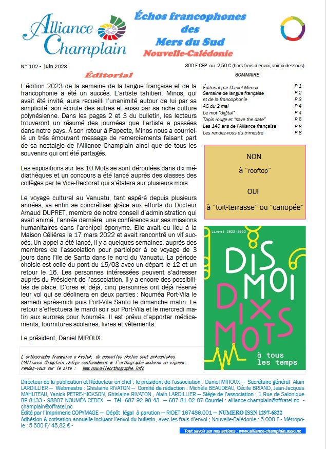 Nouvelle-Cal�donie, Echos francophones des Mers du Sud, Alliance Champlain, num�ro 102, juin 2023