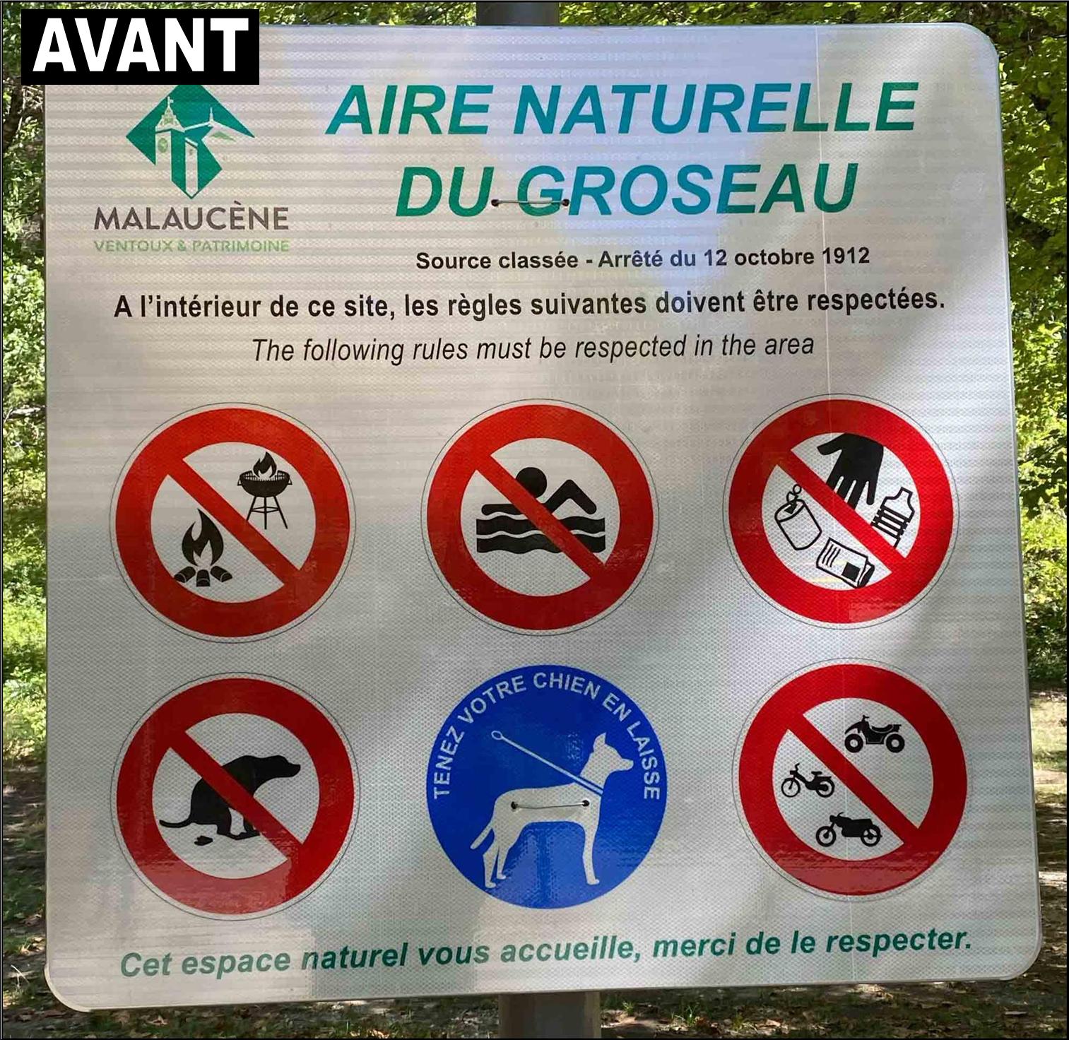 Panneau de l'aire naturelle du Groseau � Malauc�ne en bilingue ill�gal, loi Toubon non respect�e, novembre 2022