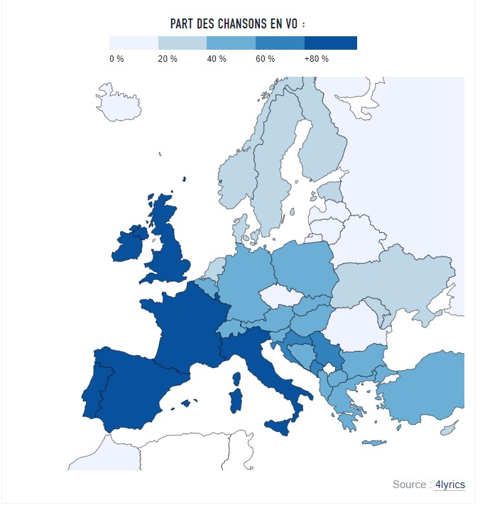Part de chansons chantées à l'Eurovision en VO par pays