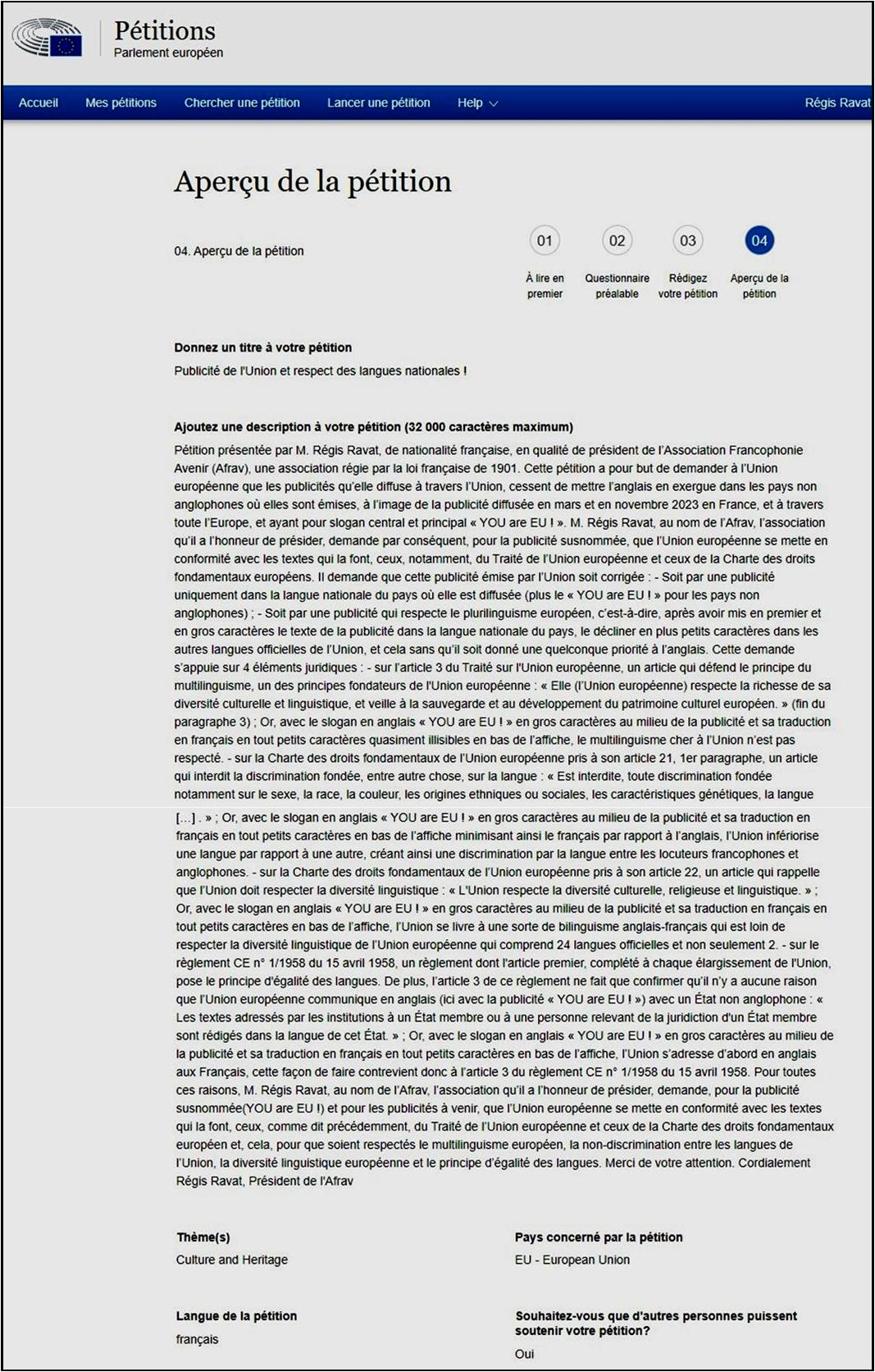 Petition-plainte de l'Afrav envoy�e au Parlement europ�en en novembre 2023