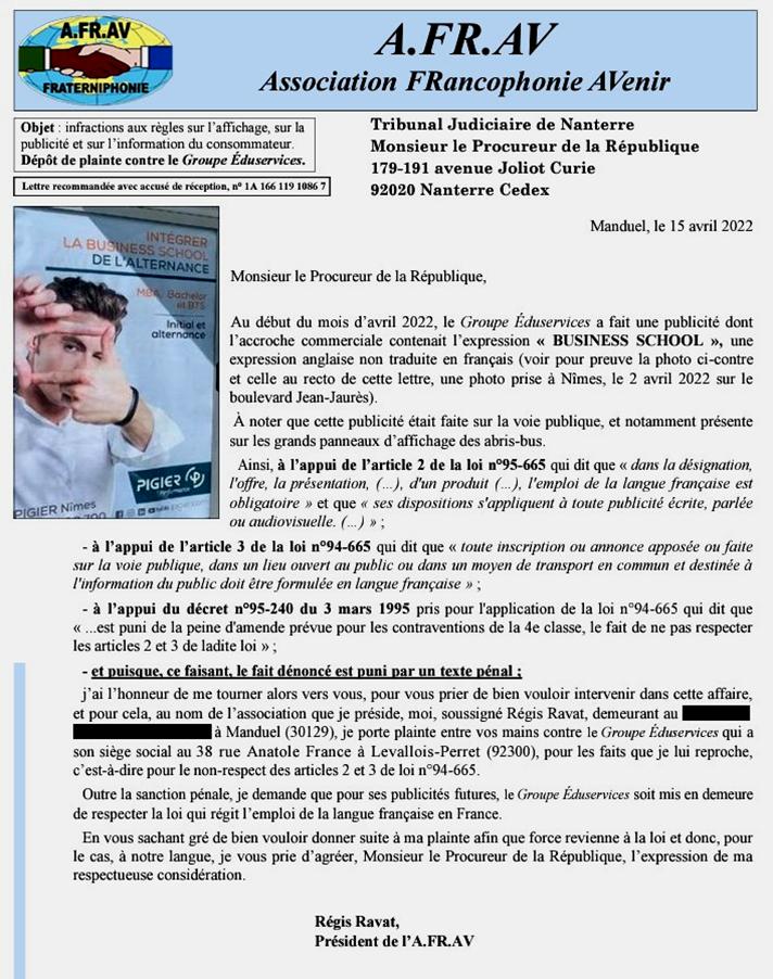 Plainte de l'Afrav aupr�s du procureur de la R�publique-du TJ de Nanterre contre l'anglomanie de la soci�t� Eduservices, le 15 avril 2022
