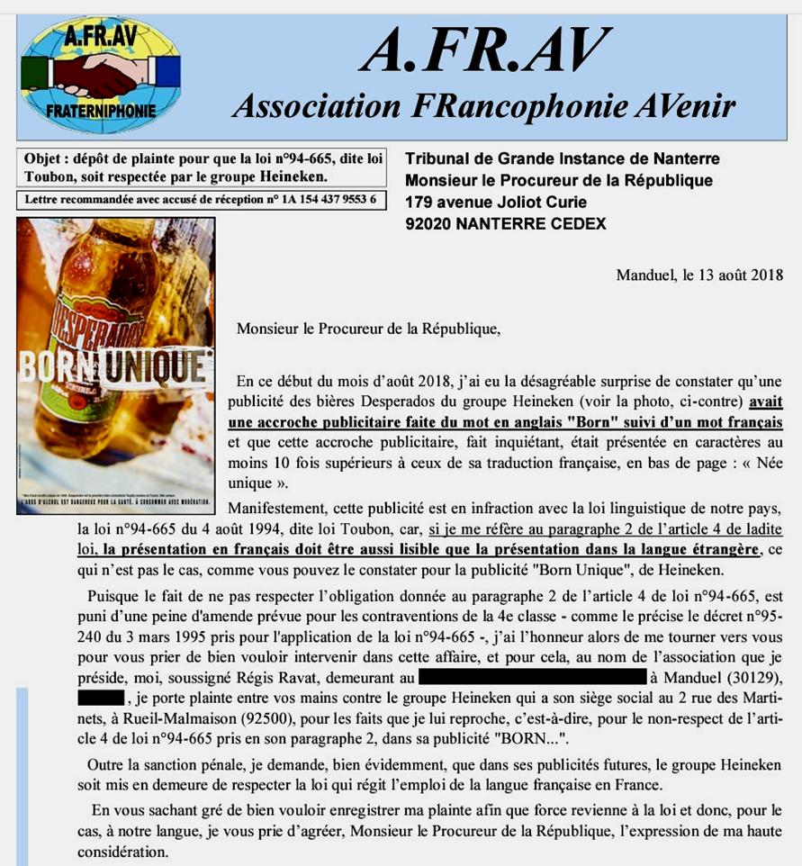 Plainte de l'Afrav aupr�s du procureur de la R�publique du TJ de Nanterre contre l'anglomanie du groupe Heineken, le 13 aout 2018