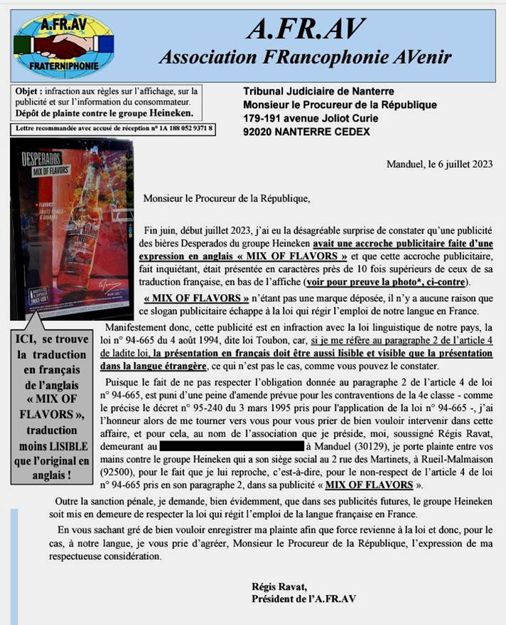 Plainte de l'Afrav aupr�s du procureur de la R�publique du TJ de Nanterre contre l'anglomanie du groupe Heineken, le 6 juillet 2023