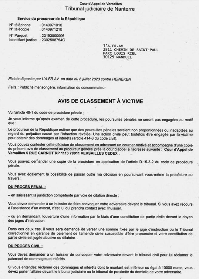 Plainte de l'Afrav class�e sans suite par le procureur de la R�publique du TJ de Nanterre, affaire contre le groupe Heineken, le 13 octobre 2023