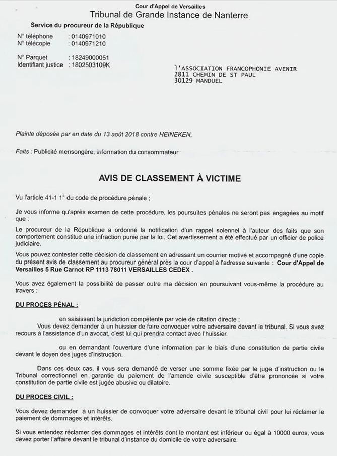 Plainte de l'Afrav class�e sans suite par le procureur de la R�publique du TJ de Nanterre affaire contre le groupe Heineken, le 3 d�cembre 2019