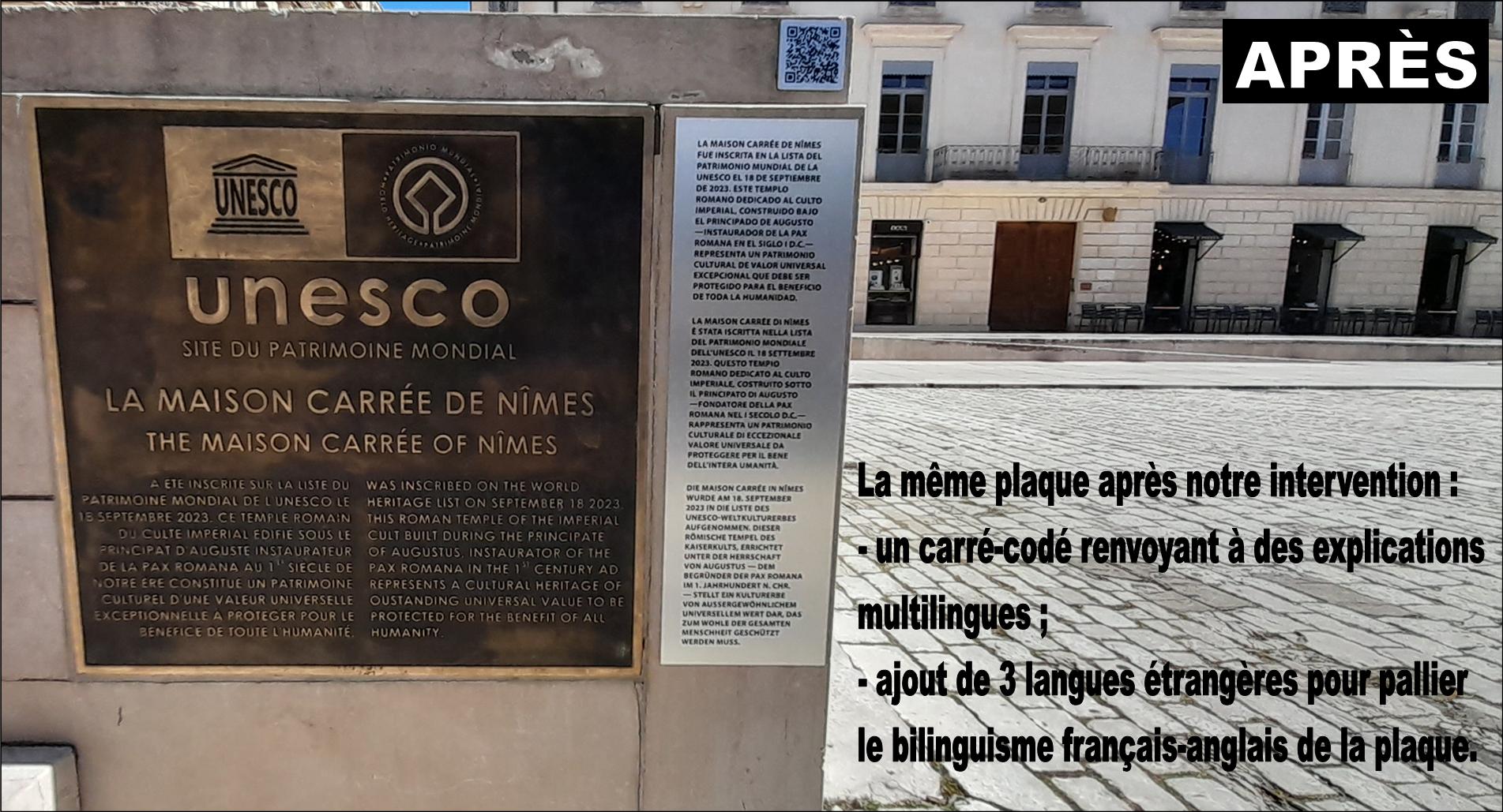 Plaque, UNESCO, Maison Carr�e, N�mes, conformit�, loi Toubon, Afrav