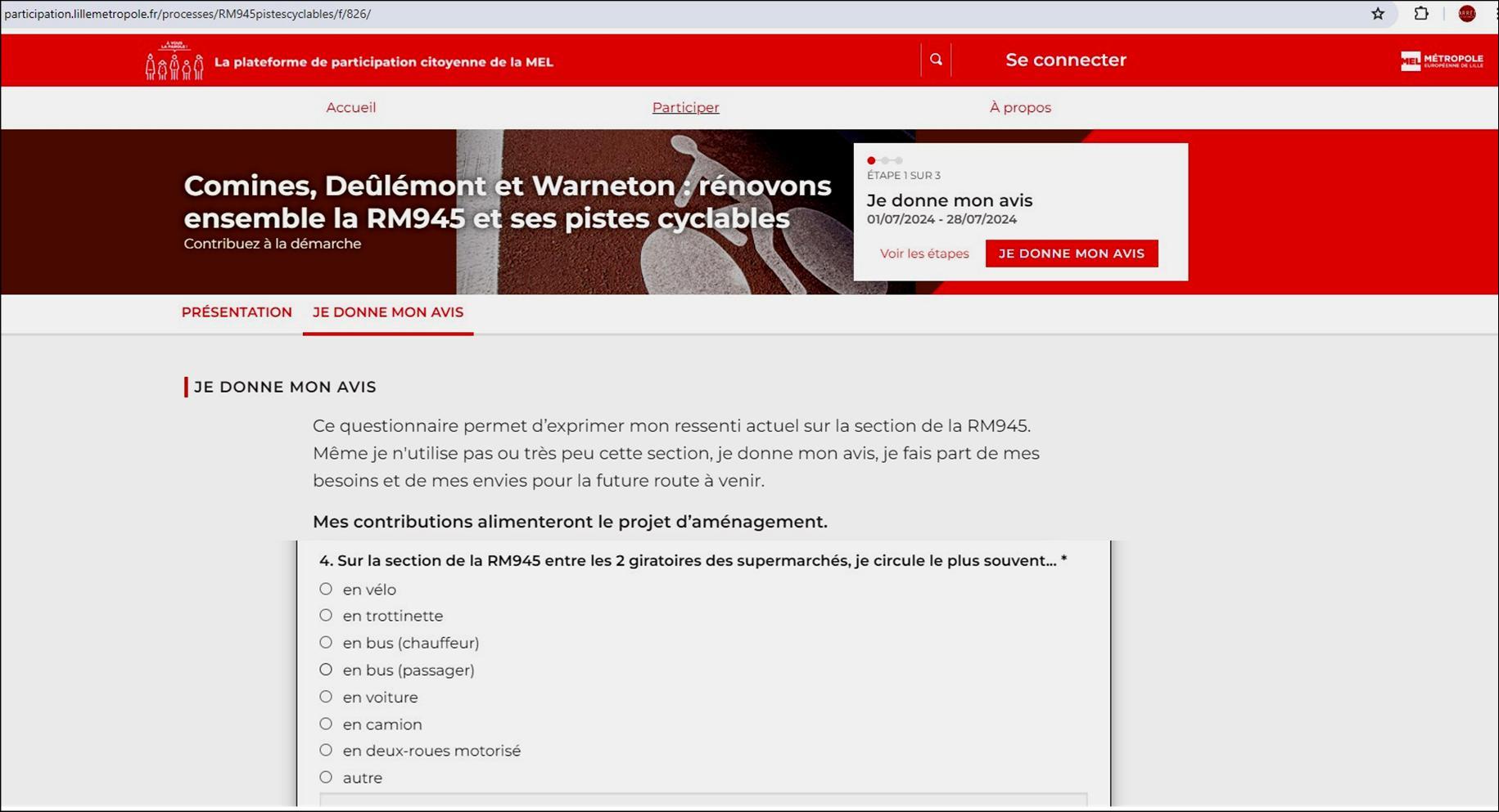 Plateforme de participation citoyenne de la MEL, Métropole Européenne de Lille le formulaire