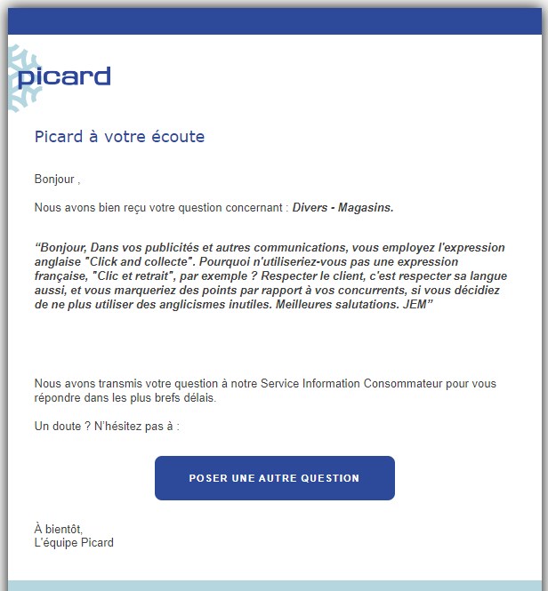 Poser une question à Picard, les Surgelés
