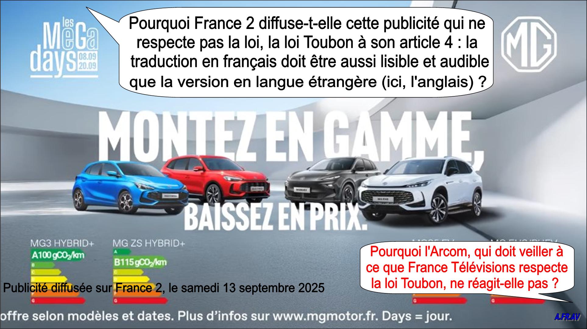 Publicité, MG-Motor-France, infraction, loi Toubon, France 2, France Télévisions