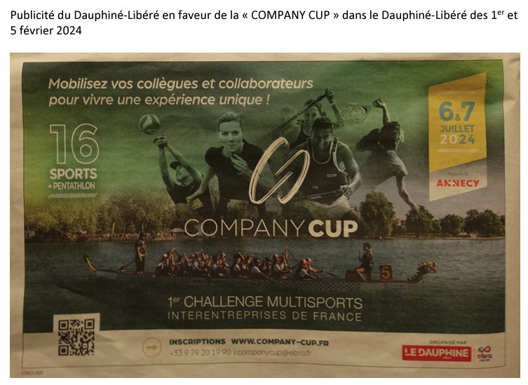 Publicité du Dauphiné-Libéré pour la COMPANY CUP, une dénomination qui ne respecte pas la langue française donc la loi Toubon