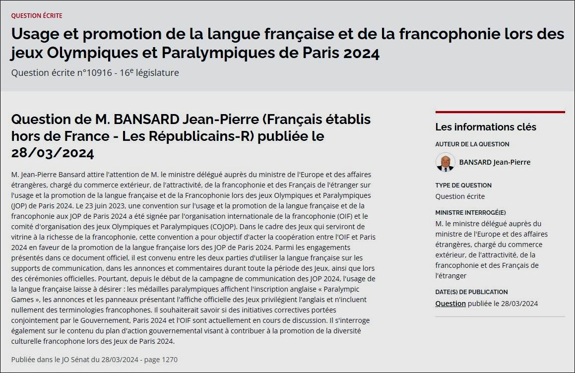 Question au sénat du sénateur Jean-Pierre Bansard sur la langue française aux JO de Paris 2024.