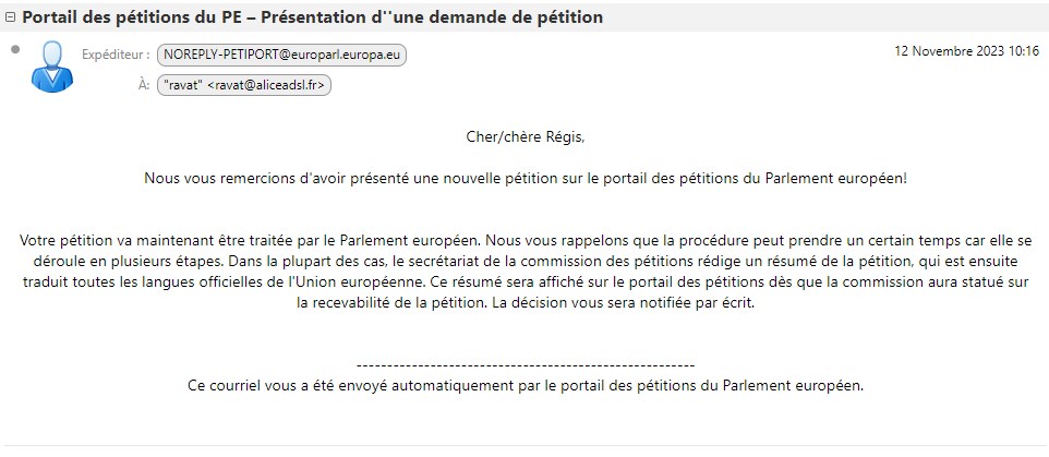 Recepisse de l'envoi de la pétition de l'Afrav au Parlement européen, le 12 novembre 2023