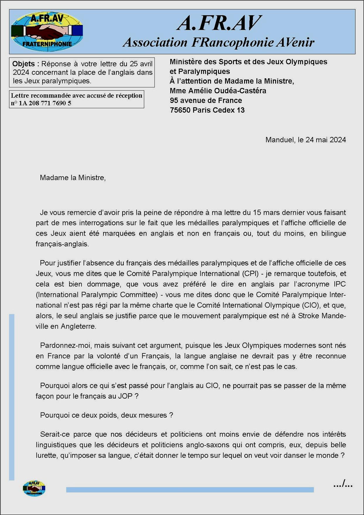 Reponse de l'Afrav à la lettre de la Ministre des Sports Amélie Oudéa-Castéra au-sujet de l'anglais des médailles et de l'affiche des Jeux Paralympiques de Paris 2024
