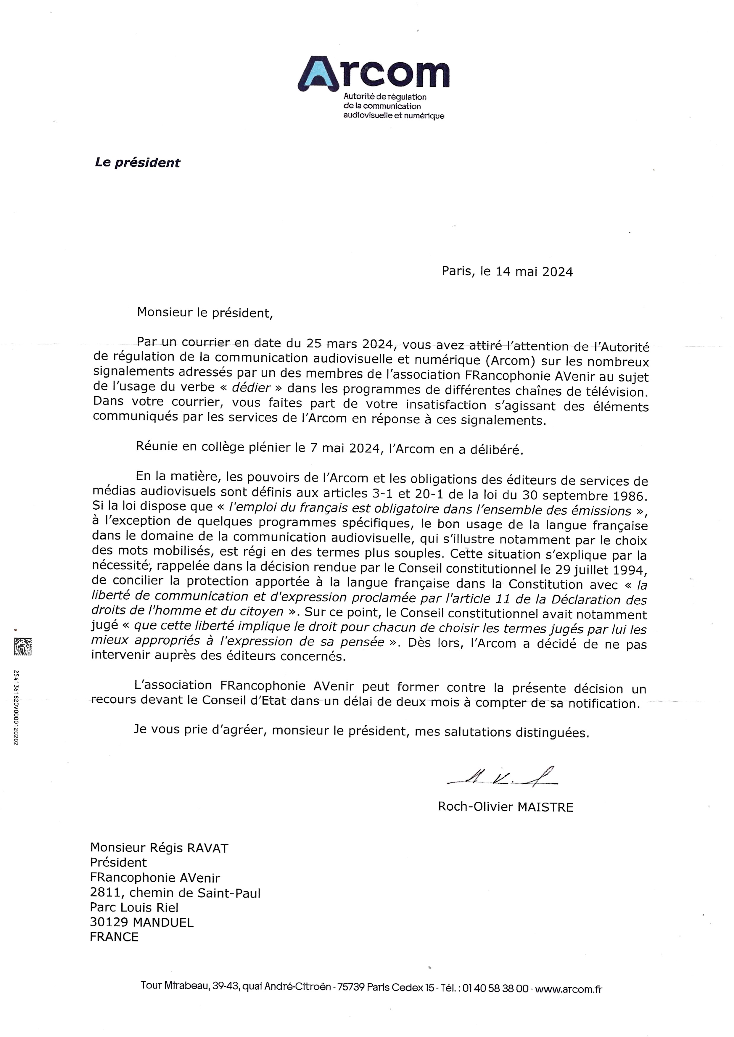 Roch-Olivier Maistre, président de l'Arcom ne veut pas intervenir pour le bon emploi de la langue française à la télévision