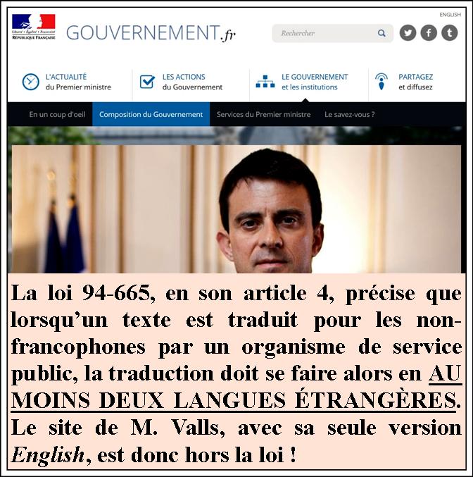 Le Site du Premier ministre valls est illicite au regard de la loi 94-664, article 4 (Loi Toubon)