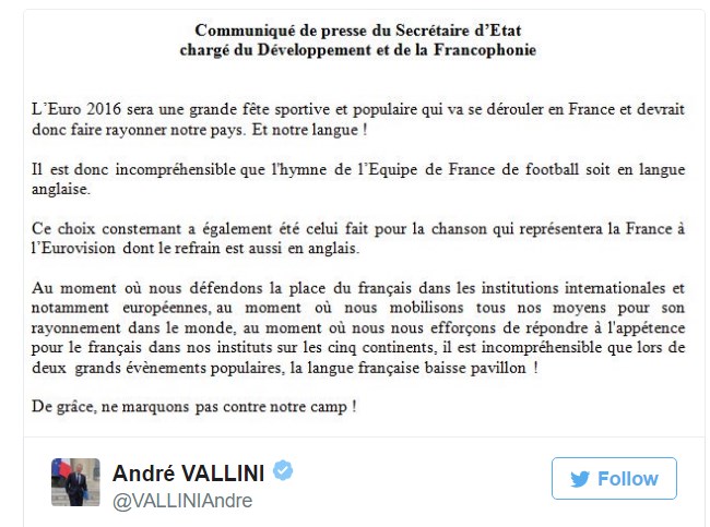 Andr vallini, ministre de la Francophonie, proteste contre l'anglicisation de la France