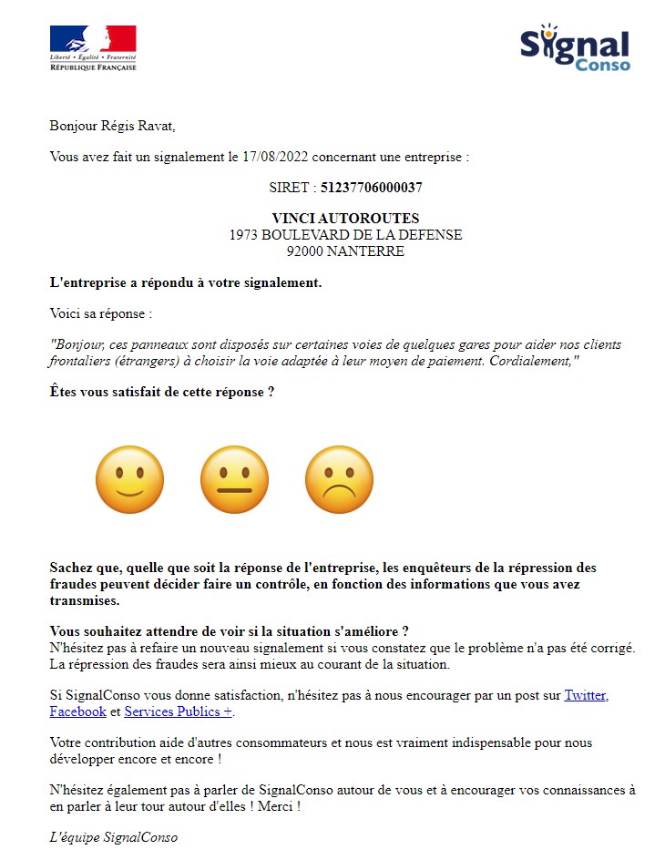 Vinci Autoroutes répond à notre plainte.