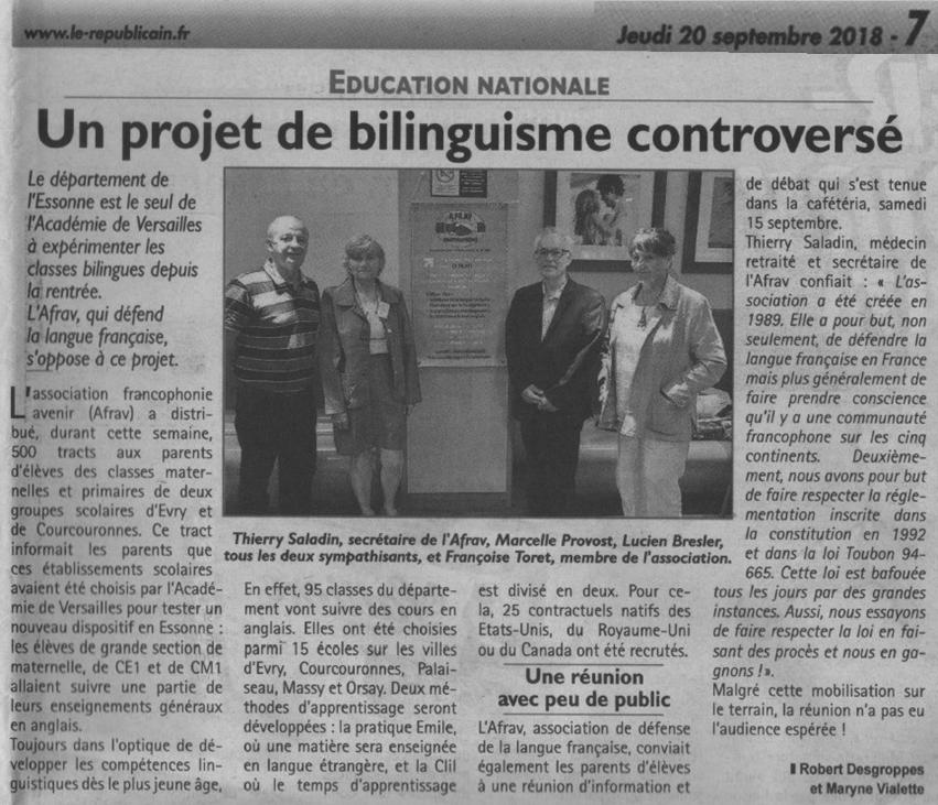 Article du Republicain-fr sur l'action dans l'Essonne contre le tout-anglais à l'école