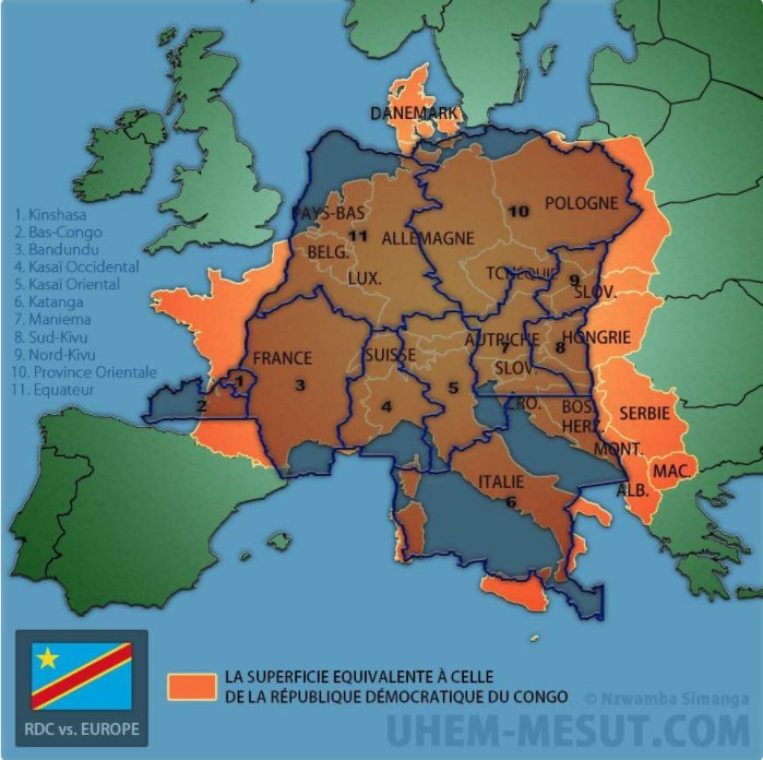 La superficie de la République Démocratique du Congo par rapport à l'Europe